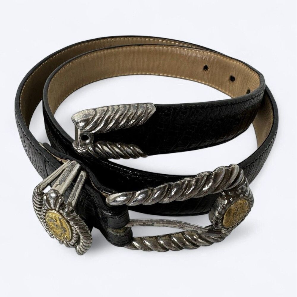Brighton Museum Collection Black Leather Belt Sz M Gold Silver Tone Coins Buckle
